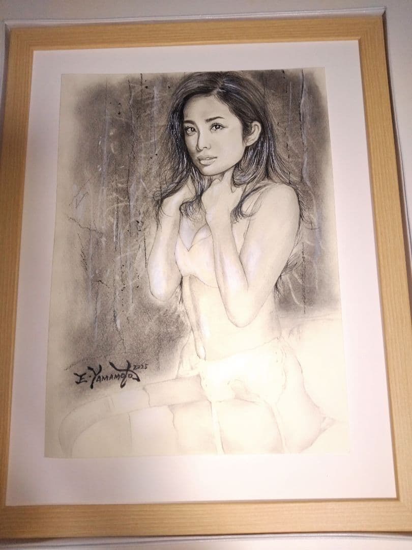 裸婦、美人画、絵画４号、寝室、W、山本英二、真作、肉筆、新品額縁、高塚省吾。