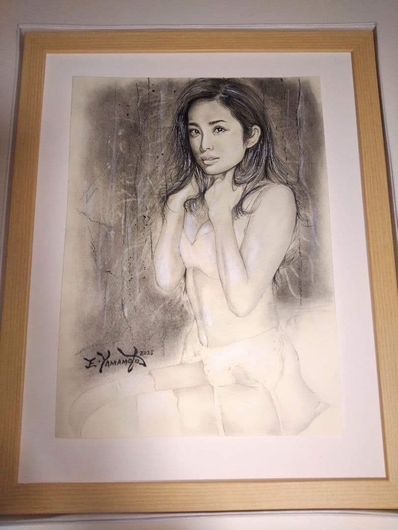 裸婦、美人画、絵画４号、寝室、W、山本英二、真作、肉筆、新品額縁、高塚省吾。